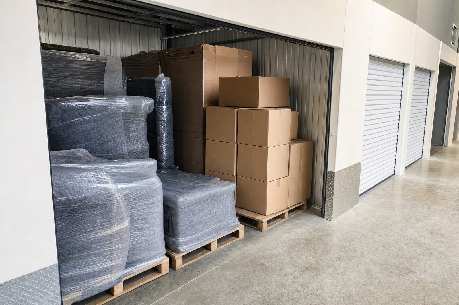 Sauber eingelagerte, folienverpackte Möbel und Kartons im Lager