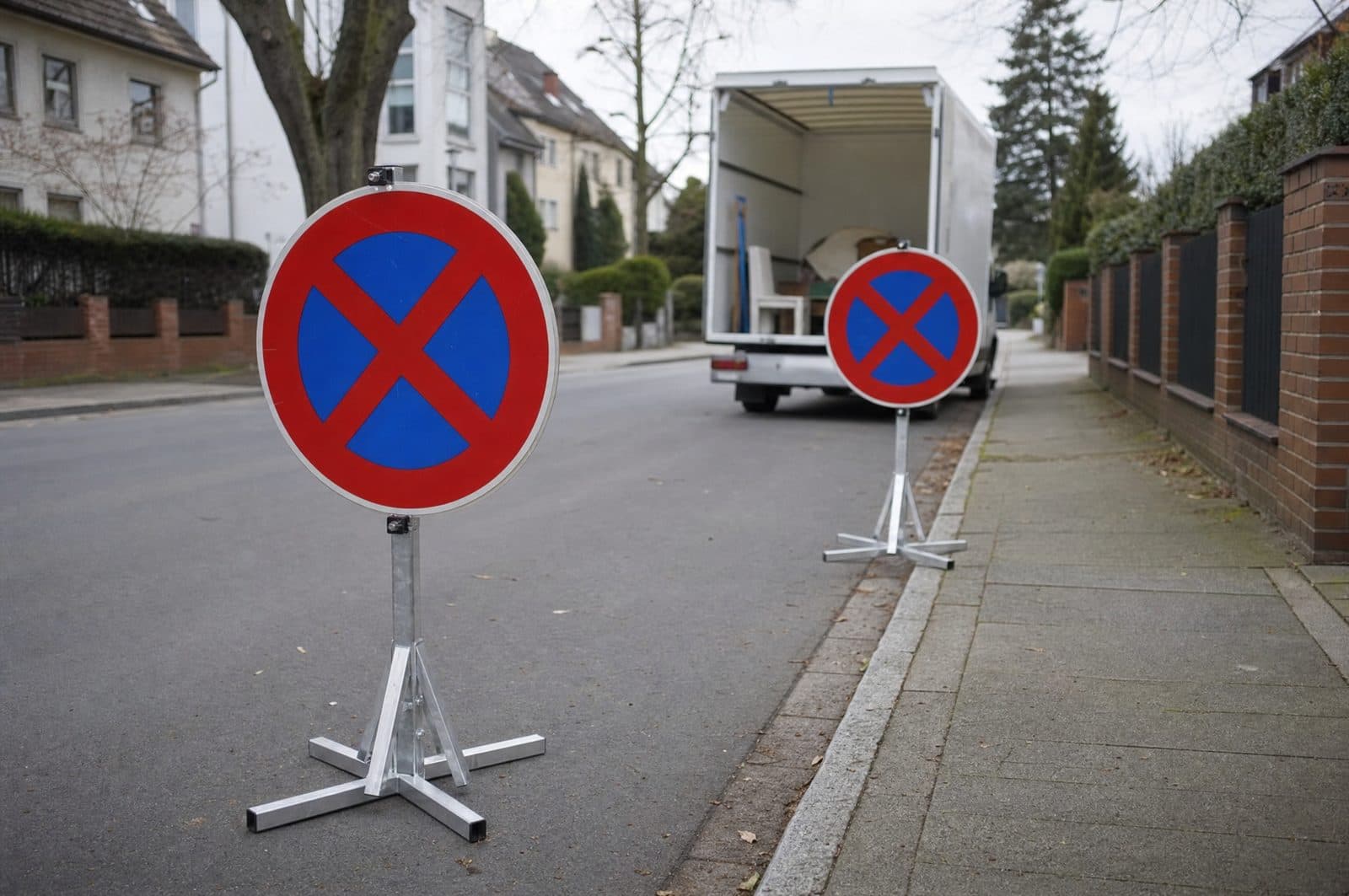 Mobile Halteverbotsschilder reservieren den Platz für den Umzugswagen